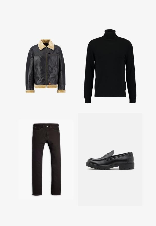 Schwarze Lederjacke mit einem Kragen und Manschetten aus cremefarbenem Kunstfell. Sie verfügt über einen Reißverschluss vorne und seitliche Taschen und zeigt ein klassisches Design.; Schwarzer Rollkragenpullover aus weichem Strickmaterial. Mit langen Ärmeln, geripptem Kragen und Saum. Schlichtes, elegantes Design ohne Muster.; Schwarze schmal geschnittene Jeans mit fünf Taschen und Knopfschluss, flach auf einem weißen Hintergrund präsentiert.; Schwarze Lederloafers mit runder Zehenform, eleganter Schlupfdesign und dicker Gummisohle mit strukturiertem Griff. Erhöhter Absatz und dezente Nähdetails.