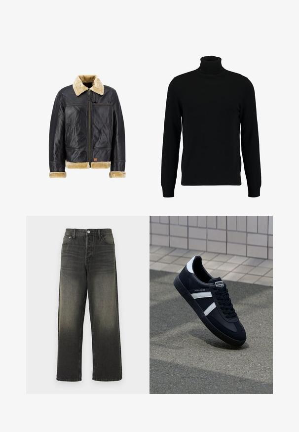 Sort læderjakke med en cremefarvet faux fur-krave og -manchetter. Har en lynlås foran og sidelommer, der fremhæver et klassisk design.; Sort turtleneck sweater lavet af et blødt strikmateriale. Har lange ærmer, ribbet krave og kant. Enkel, slank design uden mønstre.; Sorte denim jeans med afslappet pasform, med høj talje, sølv hardware og en falmet tekstur med subtile folder. Lige ben uden udsmykning.; Sort lædersneaker med hvide striber, tekstureret gummisål og snørrebånd foran. Har et brandet mærke på tungen.