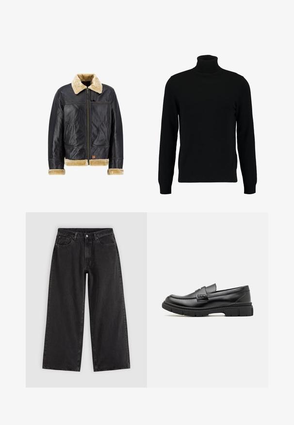Chaqueta de cuero negro con un cuello y puños de piel sintética color crema. Cuenta con un cierre frontal y bolsillos laterales, mostrando un diseño clásico.; Jersey de cuello alto negro hecho de un material de punto suave. Cuenta con mangas largas, collar y dobladillo acanalados. Diseño simple y elegante sin patrones.; Vaqueros negros de pierna ancha con bolsillos delanteros, trabillas para cinturón y cierre de botones, mostrados sobre un fondo liso y claro.; Mocasin de cuero negro con una cinta ancha en el empeine, suela de goma con tacos gruesos y textura suave. Diseño clásico y elegante.