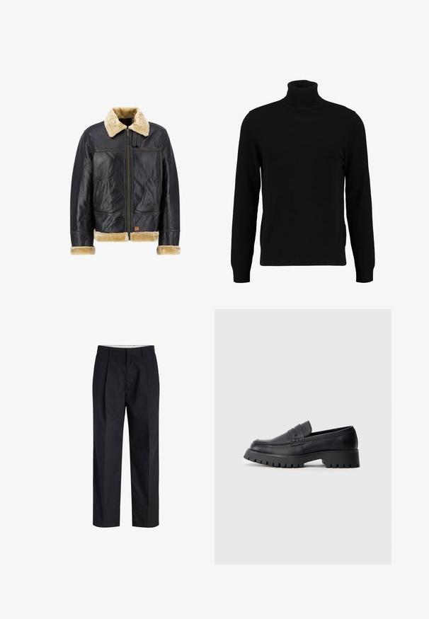 Chaqueta de cuero negro con un cuello y puños de piel sintética color crema. Cuenta con un cierre frontal y bolsillos laterales, mostrando un diseño clásico.; Jersey de cuello alto negro hecho de un material de punto suave. Cuenta con mangas largas, collar y dobladillo acanalados. Diseño simple y elegante sin patrones.; Pantalones negros de tiro recto con cinturilla, trabillas, cremallera frontal y bolsillos laterales mostrados sobre un fondo blanco.; Mocasines de cuero negro con punta redondeada, que presentan una correa decorativa y una suela de goma gruesa con surcos profundos para mayor tracción.