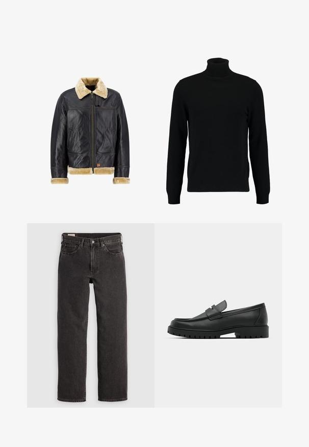Chaqueta de cuero negro con un cuello y puños de piel sintética color crema. Cuenta con un cierre frontal y bolsillos laterales, mostrando un diseño clásico.; Jersey de cuello alto negro hecho de un material de punto suave. Cuenta con mangas largas, collar y dobladillo acanalados. Diseño simple y elegante sin patrones.; Jeans de mezclilla negra con un diseño de pierna recta, cinco bolsillos y herrajes metálicos. La tela tiene una ligera textura y un acabado de color sólido.; Mocasines de cuero negro con punta redonda, que cuentan con un diseño cosido, suela de plataforma baja y una suela de goma texturada y con tacos.