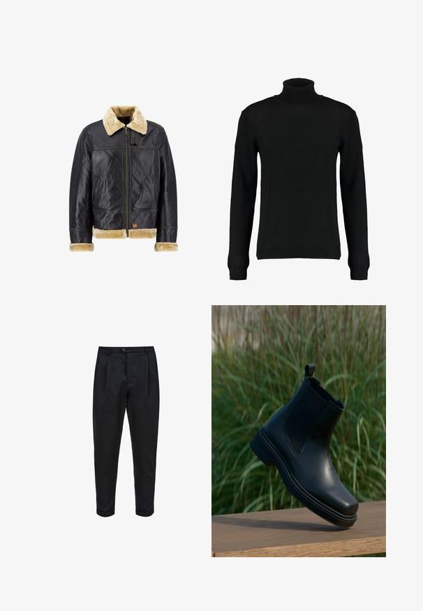 Chaqueta de cuero negro con un cuello y puños de piel sintética color crema. Cuenta con un cierre frontal y bolsillos laterales, mostrando un diseño clásico.; Suéter negro de cuello alto en un tejido de punto suave, con mangas largas y una silueta ajustada. Puños y dobladillo acanalados.; Pantalones negros de tejido suave, con un frente plisado, ajuste tapered y puños enrollados. Cierre de botón sencillo en la cintura.; Botín Chelsea de piel negra con lados elásticos, punta redondeada, tacón bajo y una lengüeta en la parte posterior, sobre un fondo verde difuminado.