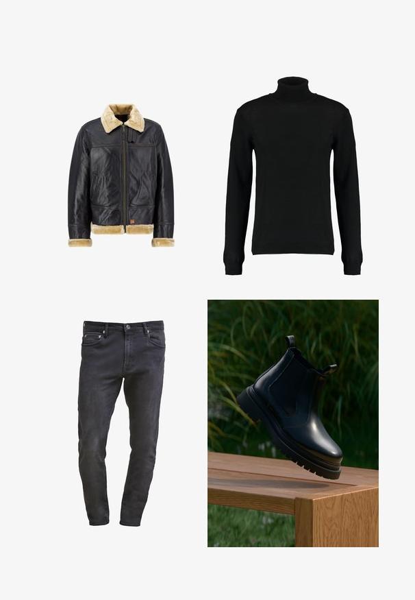 Chaqueta de cuero negro con un cuello y puños de piel sintética color crema. Cuenta con un cierre frontal y bolsillos laterales, mostrando un diseño clásico.; Suéter negro de cuello alto en un tejido de punto suave, con mangas largas y una silueta ajustada. Puños y dobladillo acanalados.; Jeans de mezclilla negros de corte slim, con diseño de cinco bolsillos, cierre de cremallera y un sutil acabado de desgaste. Textura suave con un acabado de lavado oscuro.; Botín Chelsea negro de cuero con puntera redondeada, suela de goma gruesa y paneles elásticos laterales, exhibido sobre una superficie de madera con verdor al fondo.