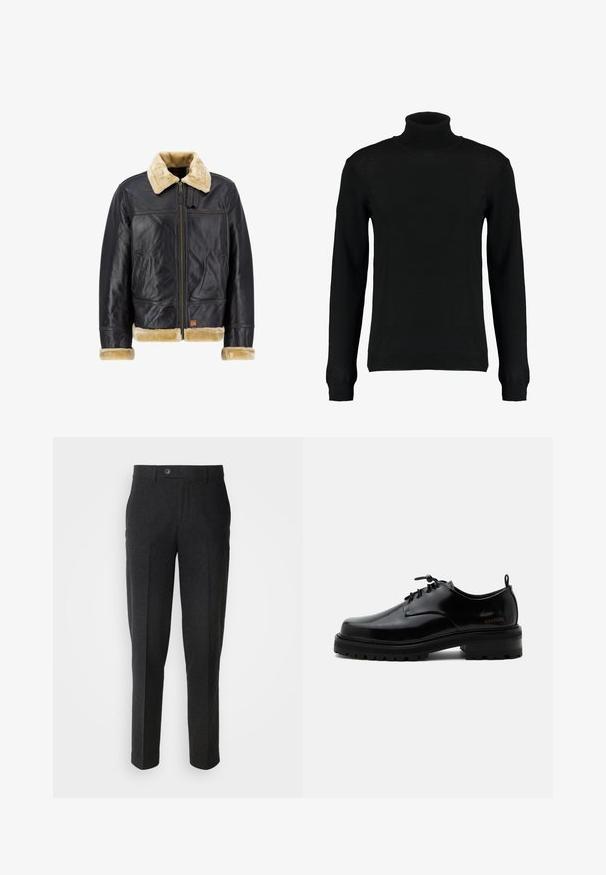 Sort læderjakke med en cremefarvet faux fur-krave og -manchetter. Har en lynlås foran og sidelommer, der fremhæver et klassisk design.; Sort turtleneck sweater i et glat strikket stof, med lange ærmer og en tætsiddende silhuet. Ribstrikkede manchetter og kant.; Lindbergh Bukser - black melange; Sort poleret læder snørestøvle med tyk gummisål og lav hæl, sideskilt med mærketekst "SAMSOE" og bageste træksnor.