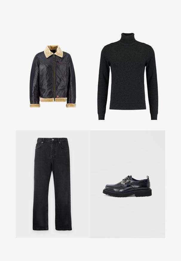 Sort læderjakke med en cremefarvet faux fur-krave og -manchetter. Har en lynlås foran og sidelommer, der fremhæver et klassisk design.; Sort turtleneck sweater lavet af uld. Har lange ærmer, ribbede mansjetter og søm, glat tekstur og en tætsiddende pasform.; Sorte lige ben jeans med forlommer, bæltestropper og knaplukning på hvid baggrund.; Sort læderloafer med tyk sål og sølvspændebånd på siden mod hvid baggrund.