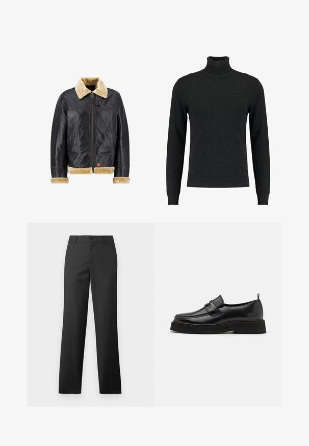 Chaqueta de cuero negro con un cuello y puños de piel sintética color crema. Cuenta con un cierre frontal y bolsillos laterales, mostrando un diseño clásico.; Suéter de cuello alto negro de lana. Con mangas largas, puños y dobladillo acanalados, textura suave y un diseño ajustado.; Samsøe Samsøe SAJOHNNY TROUSERS - Pantalones - turkish coffee; Zapatos estilo mocasín de cuero negro con suela plana y texturizada, con puntera cosida y una correa a lo largo del empeine.