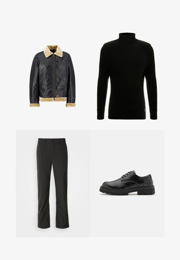 Sort læderjakke med en cremefarvet faux fur-krave og -manchetter. Har en lynlås foran og sidelommer, der fremhæver et klassisk design.; Sort turtleneck sweater med lange ærmer, ribbet tekstur, tætsiddende silhuet og lille mærke nederst til venstre.; Sorte skræddersyede bukser med lige snit. Har en glat tekstur, frontlukning med knap og bæltestropper.; Sorte lædersko med rund tå, snørelukning og en tykk, struktureret gummisål. Har syninger langs kanten og en glat overflade.