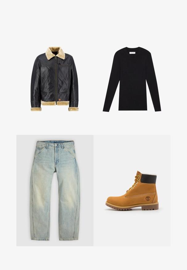 Zwarte leren jas met een crèmekleurige nepbont kraag en manchetten. Voorzien van een ritssluiting aan de voorkant en zijzakken, met een klassieke uitstraling.; Pier One by Zalando MUSCLE FIT KNITJUMPER - Trui - black; Lichtblauwe jeans met wijde pijpen, gemaakt van denim. Heeft vijf zakken, een knoopsluiting en vervaagde plekken voor een versleten uitstraling.; Bruine leren enkellaars met metalen oogjes, witte faux bont voering, zwarte gewatteerde kraag, robuuste zool en een reliëflogo aan de zijkant.