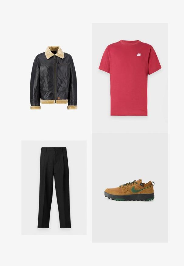 Schwarze Lederjacke mit einem Kragen und Manschetten aus cremefarbenem Kunstfell. Sie verfügt über einen Reißverschluss vorne und seitliche Taschen und zeigt ein klassisches Design.; Rotes Nike-T-Shirt mit kurzen Ärmeln, weißem Logo auf der linken Brust, Rundhalsausschnitt und schlichtem Design auf neutralem Hintergrund.; Schwarze, gerade geschnittene Hose mit Frontknopf und Gürtelschlaufen, auf einem schlichten hellen Hintergrund präsentiert.; Braune Wildleder-Sneaker mit grünen Akzenten, dunkler Sohle, strukturiertem Obermaterial und kontrastierenden Nähten. Verfügt über einen gepolsterten Schaft und ein Schnürdesign.