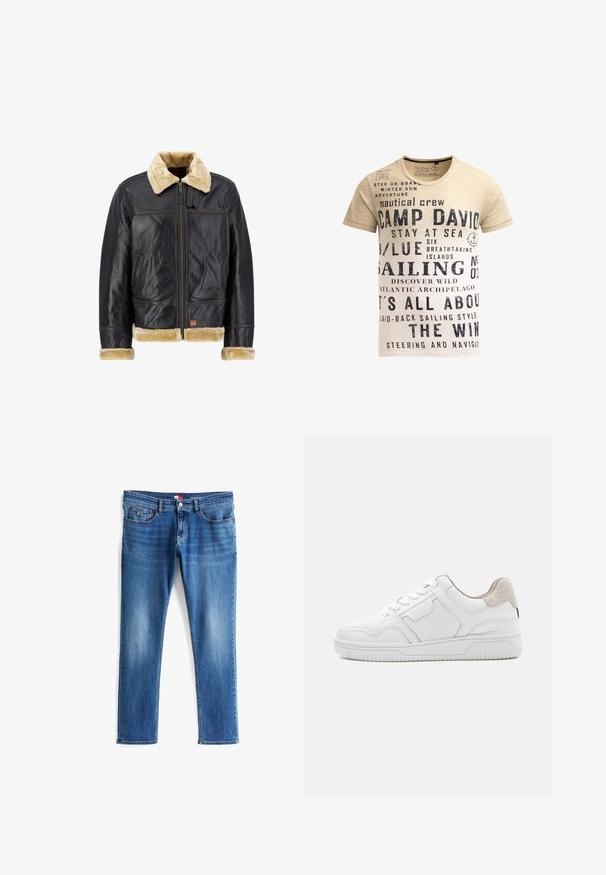 Sort læderjakke med en cremefarvet faux fur-krave og -manchetter. Har en lynlås foran og sidelommer, der fremhæver et klassisk design.; Beige bomuld T-shirt med mørkeblå grafisk tekst med nautiske temaer, besætning og sejlsport-motiver, rund hals og korte ærmer.; Blå slim-fit jeans med let falmning på lår, frontlynlås, knaplukning og fem-lomme design inklusive en lille mærket lomme.; Hvid lav-sko sneaker med snørebånd foran, struktureret sål, diskrete panelflader og beige ruskind hælflap på en ensartet lys baggrund.