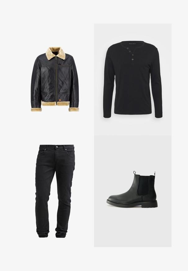 Chaqueta de cuero negro con un cuello y puños de piel sintética color crema. Cuenta con un cierre frontal y bolsillos laterales, mostrando un diseño clásico.; Camisa henley negra de manga larga, hecha de un tejido suave, con una placket de botones, cuello redondo y mangas ajustadas.; Jeans negros slim fit con cierre de botón y cremallera, cinco bolsillos y puños elásticos en los tobillos.; Botas Chelsea de cuero negro con paneles laterales elásticos, lengüetas para tirar, puntera redondeada y suela de goma texturizada. Superficie lisa y diseño robusto.