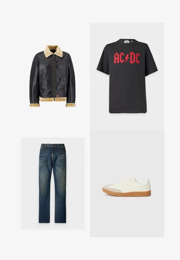 Zwarte leren jas met een crèmekleurige nepbont kraag en manchetten. Voorzien van een ritssluiting aan de voorkant en zijzakken, met een klassieke uitstraling.; Zwart T-shirt met korte mouwen met een opvallend rood AC/DC-logo en bliksemschicht symbool gecentreerd aan de voorkant.; Blauwe, rechtbenige spijkerbroek met vervaagde details, knoopsluiting aan de voorkant en een ontwerp met vijf zakken, weergegeven tegen een witte achtergrond.; Schoen gemaakt van wit leer met een beige teenkap en een lichtbruine rubberen zool. Voorzien van platte witte veters en reliëfbranding aan de zijkant.