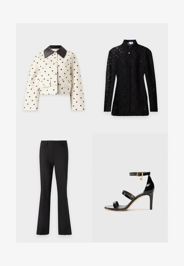 Veste courte blanche à pois noirs, grand col noir, boutons sur le devant et deux poches à rabat boutonnées sur fond uni.; Blouse noire en dentelle à manches longues avec motif floral découpé, boutonnée sur le devant, avec col pointu, présentée sur fond uni.; Pantalon noir évasé en tissu lisse, avec une taille ajustée, deux poches avant et une silhouette épurée et harmonieuse.; Sandale en cuir verni noir avec trois brides, boucle de cheville et talon aiguille de 10 cm. Présente un détail en métal doré et un charm logo.