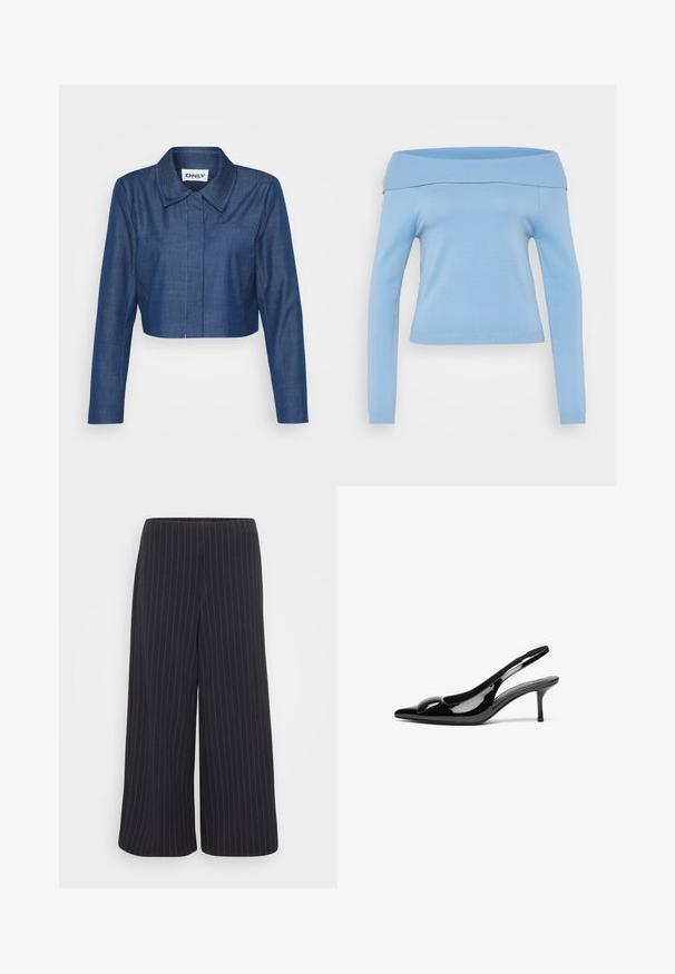 Kaprøjset denimjakke i mørkeblå med spids krave, lange ærmer, lomme foran og kontrasterende syninger.; Lyseblå, off-the-shoulder langærmet top med ribbet udskæring og manchetter, tætsiddende design og glat, let stof.; Sorte bukser med bred benvidde og hvide striber. Lavet af glat stof, med høj talje og uden synlige lukninger.; Sorte laklæder slingback hæle med spidse tæer og en blank finish. Har en slank hæl og en rund detalje ved vampen.