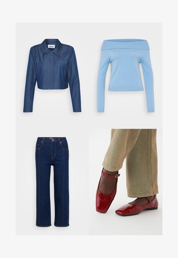 Kaprøjset denimjakke i mørkeblå med spids krave, lange ærmer, lomme foran og kontrasterende syninger.; Lyseblå, off-the-shoulder langærmet top med ribbet udskæring og manchetter, tætsiddende design og glat, let stof.; Mørkeblå lige ben jeans med knaplukning, for- og baglommer samt synlig orange syning langs sømmene.; Røde patentlæder sko med firkantet tå, lav hæl og ankelrem, parret med lysegrønne vide bukser. Glat tekstur, reflekterende overflade.