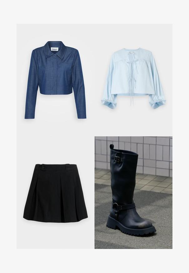 Kaprøjset denimjakke i mørkeblå med spids krave, lange ærmer, lomme foran og kontrasterende syninger.; Lyseblå kort bluse med rund halsudskæring, snøre-detalje foran og puffede ærmer med elastiske manchetter. Glat tekstur.; Sort plisseret nederdel med taljebånd og knapdetalje, knælængde, lavet af glat stof, vist på en ensfarvet lys baggrund.; Sort midt-læg læderstøvle med chunky sål, metal spænde nær toppen og rem med ringdetalje over anklen, på en belagt overflade.