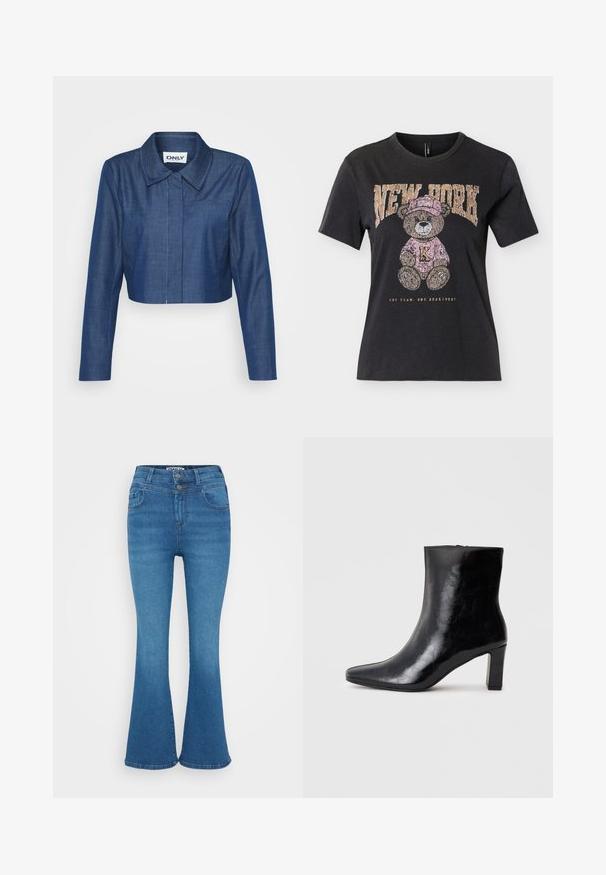 Kaprøjset denimjakke i mørkeblå med spids krave, lange ærmer, lomme foran og kontrasterende syninger.; Sort T-shirt med korte ærmer med en tøjdyrsbamse iført en lyserød hat og sweater, teksten "NEW YORK" over og "ONE TEAM. ONE HEARTBEAT." under.; Blå denim flared jeans med høj talje, to-knaps lukning og diskret falmning. Klassisk fem-lomme design, glat tekstur.; Sorte ankelstøvler lavet af blank læder, med spidse tæer og en mellemstor blokhæl, med en glat tekstur og et enkelt design.