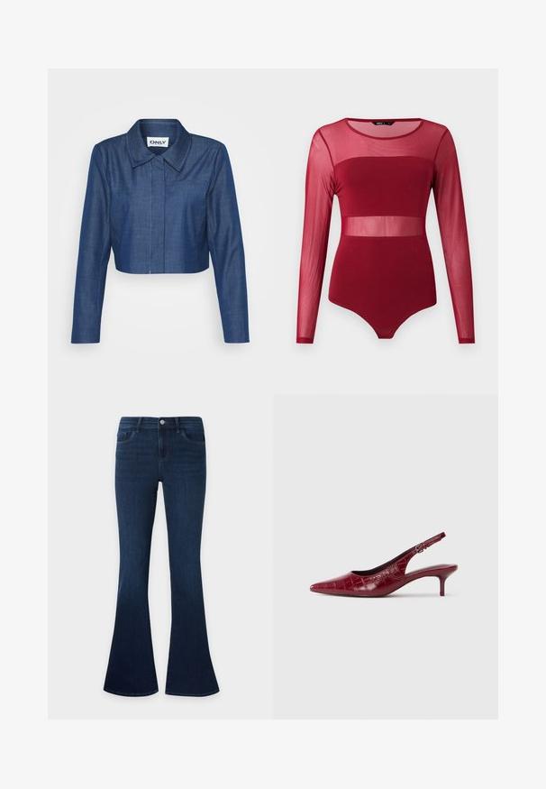 Kaprøjset denimjakke i mørkeblå med spids krave, lange ærmer, lomme foran og kontrasterende syninger.; Langærmet burgundy bodystocking med transparente meshpaneler på øvre bryst, talje og ærmer, med rund halsudskæring og tætsiddende pasform.; Mørkeblå denimjeans med høj talje og flared ben, med forlommer, bæltestropper og knaplukning.; Bordeaux læder slingback pumpe med krokodillestruktur, spidse tæer, justerbar spænde rem og lav kitten hæl på en hvid baggrund.