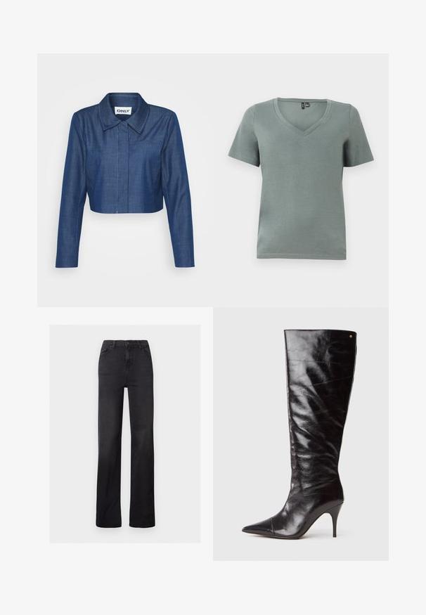 Kaprøjset denimjakke i mørkeblå med spids krave, lange ærmer, lomme foran og kontrasterende syninger.; T-shirt med korte ærmer, lysegrøn V-hals med et enkelt design, vist mod en ensfarvet hvid baggrund.; Sorte denim straight-leg jeans med høj talje, fem-lomme design og synlig syning. Glat tekstur med en let falmet finish.; Høj sort læder støvle med høje hæle, spids tå og let rynkning på skaftet, vist i profil på en hvid baggrund.