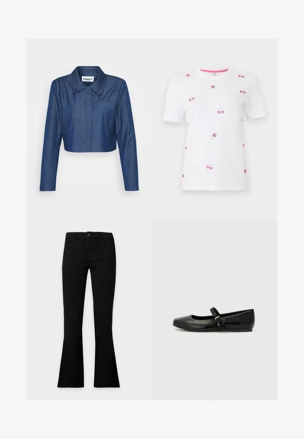 Kaprøjset denimjakke i mørkeblå med spids krave, lange ærmer, lomme foran og kontrasterende syninger.; Hvid kortærmet T-shirt med lyserøde kirsebærmønstre spredt på forside og ærmer, med rund halsudskæring og lyserød indvendig kant.; Svarte damesflare bukser med forlommer, bæltestropper og en knappet linning, vist mod en ensartet lys baggrund.; Sorte læder balletflade med rund tå, flad sål og en tynd justerbar rem over svangen med en metalspænde.