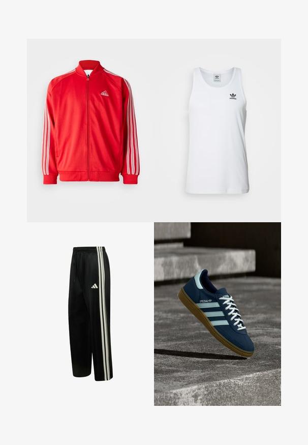Punainen urheilujakku, jossa on korkea kaulus, edessä vetoketju, valkoiset kolmonen-raidat hihoissa ja ribbireunat hihansuissa ja helmassa. Logo rinnassa.; Valkoinen ribattupintainen tank top, jossa on pyöreä pääntie, musta Adidas-logo vasemmassa rinnassa ja ilman hihoja. Pehmeää puuvillamateriaalia, rento istuvuus.; Mustat Adidas-verryttelyhousut, joissa on kolme valkoista sivuraidetta ja logo, joustava vyötärö nauhalla, suora lahje.; Sininen Adidas Spezial -tenissukat valkoisilla raidoilla ja nauhoilla, kumipohjalla, leijuu karhean betonipinnan ja portaiden yläpuolella taustalla.
