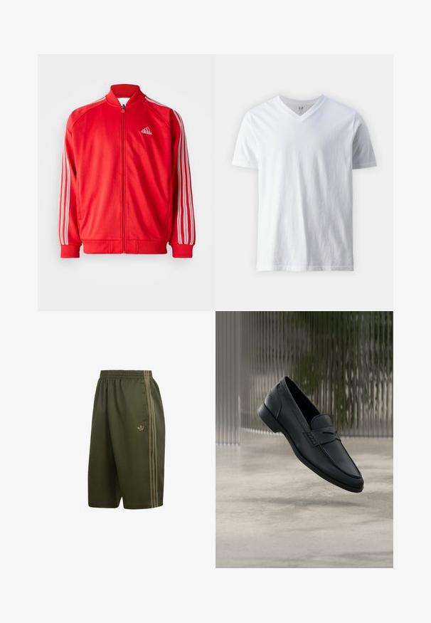 Rød atletisk jakke med høj krave, front lynlås, hvid tre-stribe detaljer på ærmerne samt ribbestrikkede manchetter og bund. Logo på brystet.; Kortærmet, V-hals hvid T-shirt lavet af bomuld. Har et ensfarvet design med en glat tekstur og en afslappet pasform.; Olivengrønne Adidas shorts med elastisk talje, sidelommer og tre beige striber ned langs hver side.; Sort læderloafer med glat finish, spids tå og sømdetaljer over vristen. Lav hæl og minimalistisk design.