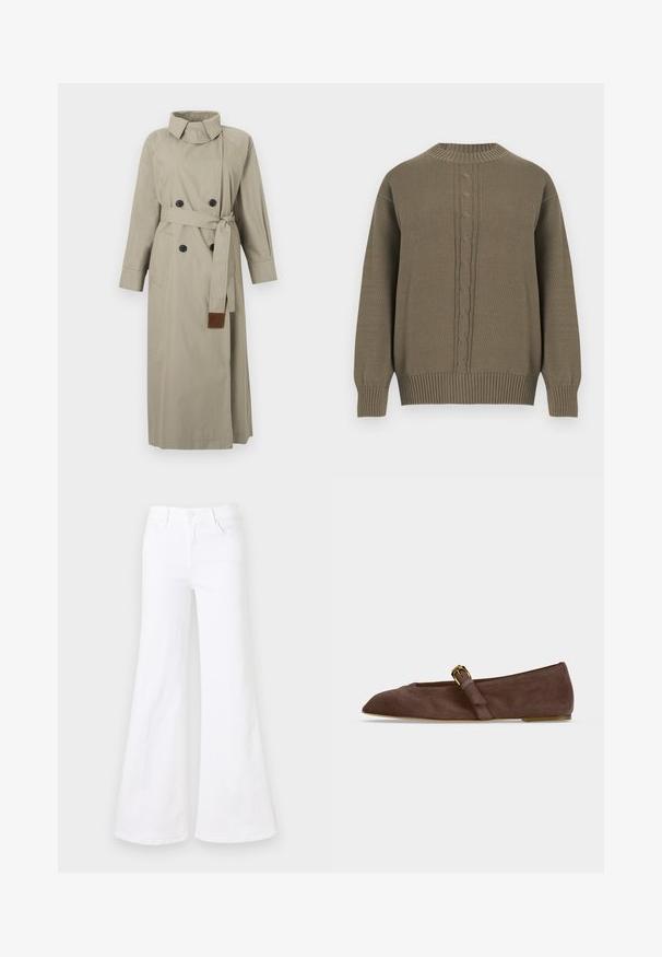 Trench-coat long beige avec boutons noirs double boutonnage, taille ceinturée avec embout en cuir, poches latérales et col montant.; Pull en maille vert olive avec col rond, poignets et ourlet côtelés, présentant un motif torsadé central sur le devant.; Jeans évasés blancs en denim, avec une taille haute, un design à cinq poches et une fermeture à boutons à l'avant. Texture lisse.; Chaussure plate en daim marron avec bout pointu et bride à boucle dorée sur le côté, vue de profil sur fond blanc.
