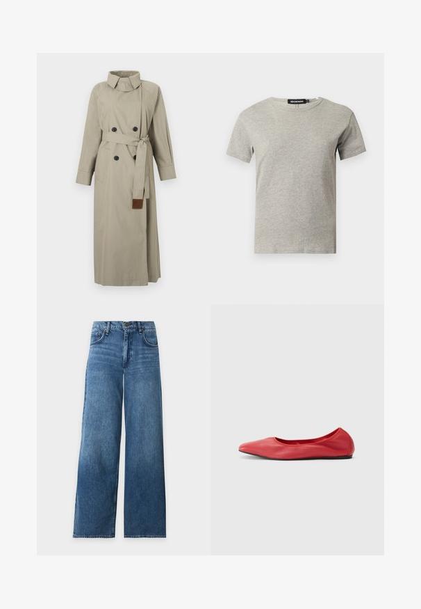 Trench-coat long beige avec boutons noirs double boutonnage, taille ceinturée avec embout en cuir, poches latérales et col montant.; T-shirt en coton gris clair à manches courtes et col rond avec une étiquette noire visible à l'intérieur du col indiquant "DENIM" et la taille "S."; Jean en denim bleu à jambes larges avec cinq poches, fermeture à boutons et passants pour ceinture, posé à plat sur fond blanc.; Filippa K REY FLATS - Ballerines - bright red
