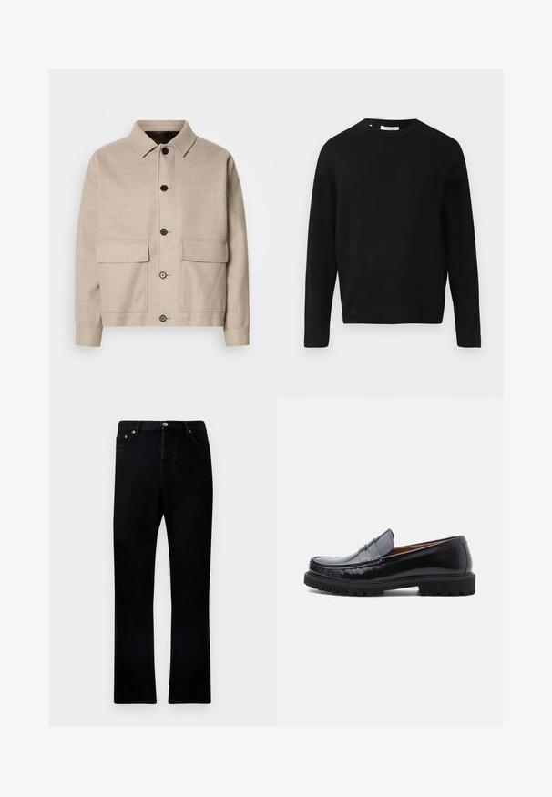 Veste en laine beige clair avec un col, quatre poches avant et des boutons foncés. Présente une coupe structurée et décontractée ainsi qu'une texture lisse.; Pull en tricot noir avec un col rond, des manches longues et une coupe décontractée. Texture lisse, design minimal, sans motifs ni embellissements.; Jean en denim noir avec une coupe droite, un design à cinq poches et des détails en métal à l'avant. Tissu texturé avec une finition lisse.; Mocassin penny en cuir noir avec semelle en caoutchouc épaisse et couture moc toe, montré de profil sur un fond blanc.