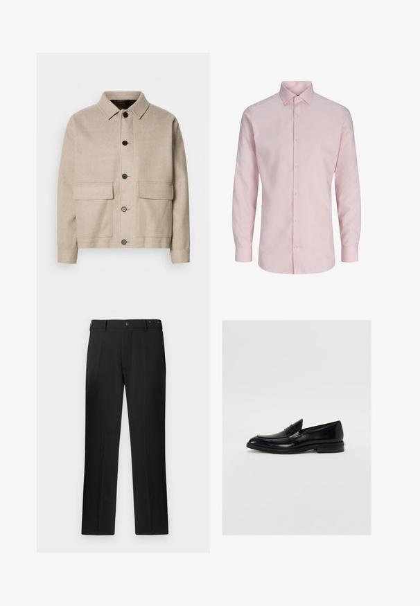 Veste en laine beige clair avec un col, quatre poches avant et des boutons foncés. Présente une coupe structurée et décontractée ainsi qu'une texture lisse.; Chemise rose clair à manches longues avec boutons, col pointu et poignets boutonnés, montrée sur fond blanc.; Pantalons noirs avec une coupe droite, fermeture à bouton et passants de ceinture, avec une texture lisse et sans motifs ni accents visibles.; Mocassin en cuir noir avec une pointe arrondie, des coutures discrètes et une finition lisse. Doté d'un talon bas empilé et d'une sangle sur le cou-de-pied.