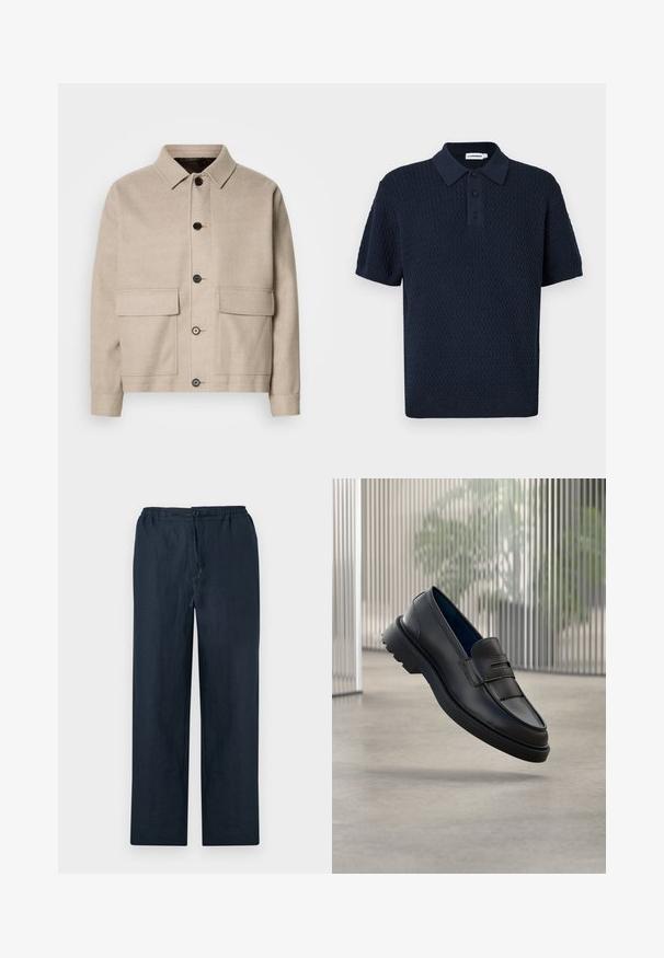 Veste en laine beige clair avec un col, quatre poches avant et des boutons foncés. Présente une coupe structurée et décontractée ainsi qu'une texture lisse.; Polo texturé bleu marine à manches courtes avec patte de boutonnage trois boutons et col et poignets côtelés.; Pantalon bleu marine foncé droit avec taille élastique, fermeture boutonnée et fermeture éclair devant sur un fond uni clair.; Mocassins noirs en cuir à finition lisse, avec une bride décorative et un panneau texturé à l'avant, ainsi qu'une semelle en caoutchouc texturée.