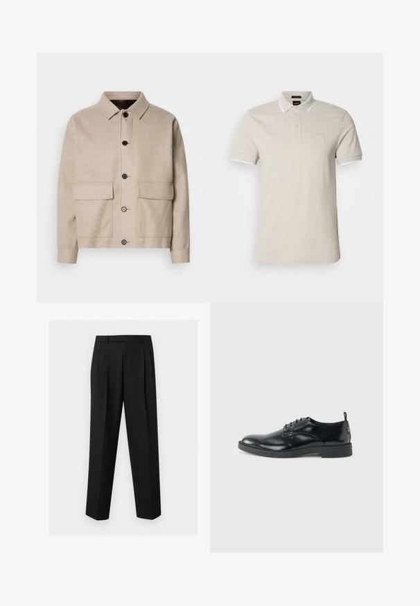 Veste en laine beige clair avec un col, quatre poches avant et des boutons foncés. Présente une coupe structurée et décontractée ainsi qu'une texture lisse.; Polo beige en coton, avec un col blanc, des manches courtes et un écusson texturé sur la poitrine.; Pantalon noir sur mesure avec jambes droites, plis à la taille, passants de ceinture et poches latérales fendues, présenté sur un fond uni.; Chaussure habillée en cuir noir brillant avec un petit talon, fermeture à lacets et bout rond, vue de côté sur un fond uni et clair.