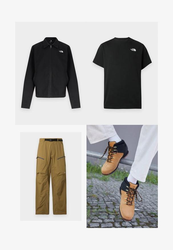 Veste noire à fermeture éclair avec col, manches longues, poches latérales, et logo blanc "The North Face" sur la poitrine gauche.; T-shirt noir à manches courtes en coton. Présente un logo blanc sur le côté gauche de la poitrine. Coupe simple avec un col rond et des détails de design minimalistes.; Pantalon de plein air kaki avec ceinture noire réglable, deux poches zippées sur les cuisses et coutures au niveau des genoux, présenté sur un fond uni.; Bottes de randonnée marron et noires avec une tige en suède, œillets dorés et lacets à motifs, exposées sur une rambarde sur des pavés. Chaussettes blanches visibles.