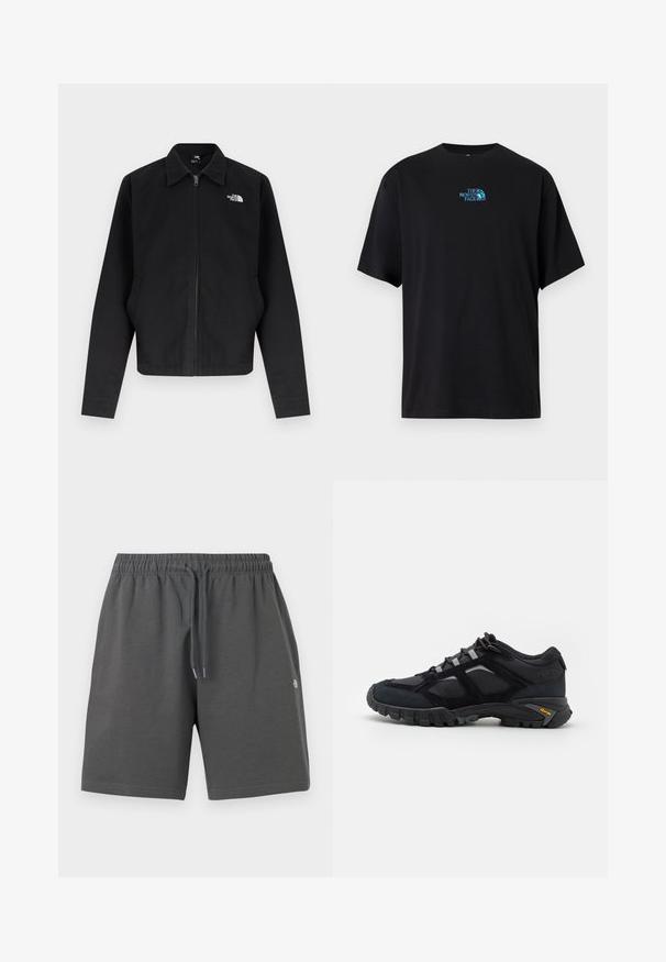 Veste noire à fermeture éclair avec col, manches longues, poches latérales, et logo blanc "The North Face" sur la poitrine gauche.; T-shirt en coton noir avec un col rond et des manches courtes, arborant un logo turquoise de "The North Face" sur la poitrine.; Shorts gris en tissu doux avec une ceinture élastique et un cordon de serrage ajustable. Présentent un design simple sans poches ni motifs.; Chaussure extérieure noire en daim et en maille avec une semelle robuste. Présente des accents gris et une marque Vibram sur le côté. Design à lacets.