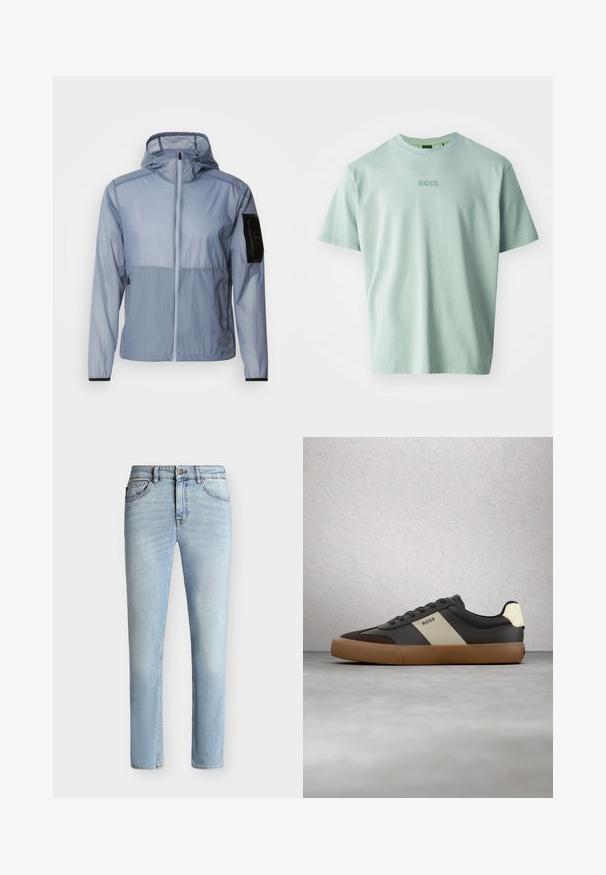 Lyseblå, letvægtsjakke med fuld lynlås, justerbar hætte og sort lomme på venstre ærme. Glat tekstur og minimalistik design.; Lysegrøn T-shirt lavet af blød bomuld, med korte ærmer og rund halsudskæring. Broderet "BOSS" logo på forsiden.; Lyseblå slim-fit jeans med knap og lynlås foran, fem-lomme design og subtil falmning fra lår til knæ.; Sort og brun sneaker med beige stribe og "BOSS"-logo, svævende over gråt betongulv og baggrund med glassblokvæg.