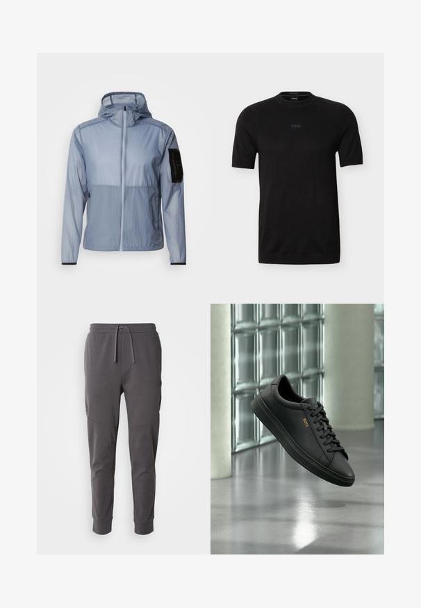 Lyseblå, letvægtsjakke med fuld lynlås, justerbar hætte og sort lomme på venstre ærme. Glat tekstur og minimalistik design.; Sort kortærmet T-shirt med rund hals og det diskrete "BOSS"-logo centreret på brystet, lavet af fint strikstof.; Grå joggebukser lavet af blød stof med snor i taljen, har sidelommer og et tapered ankel design.; Sort lavtopet lædersneaker med sorte snørebånd og gyldent BOSS-logo på siden, svævende over en blank grå gulv i et moderne indendørs rum.