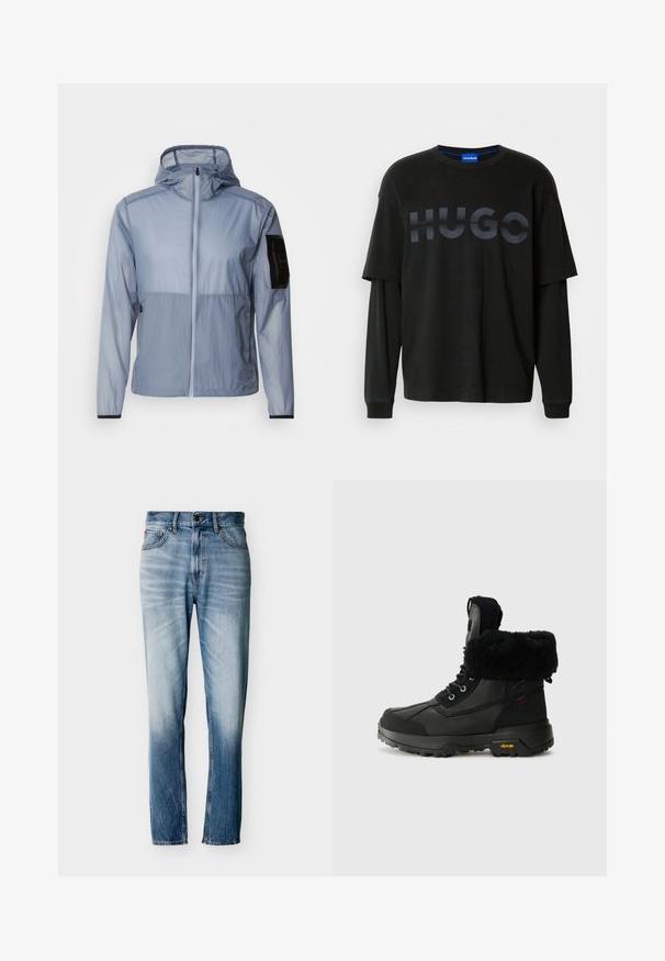 Lichtblauwe, lichtgewicht jas met een volledige rits, verstelbare capuchon en een zwarte zak op de linkermouw. Gladde textuur en een minimalistisch ontwerp.; Zwarte oversized t-shirt met een ronde hals. Heeft een opvallend mat zwart "HUGO" logo over de borst. Gemaakt van zacht katoen, met lange mouwen.; Verbleekte blauwe jeans met rechte pijpen, vijf zakken, knoopsluiting en riemlussen, plat uitgestald op een witte achtergrond.; UGG ADIRONDACK - Snowboots - black