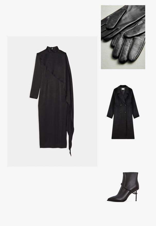 NA-KD Manteau classique - black; Materiel SCARF DRESS - Robe de cocktail - black; Bottine noire élégante avec un bout pointu, un accent de design enroulé et un haut talon aiguille sur un fond blanc.; Gants en cuir noir au toucher lisse, dotés de coutures le long des doigts et d'un design ajusté. Matériau doux et souple pour le confort.