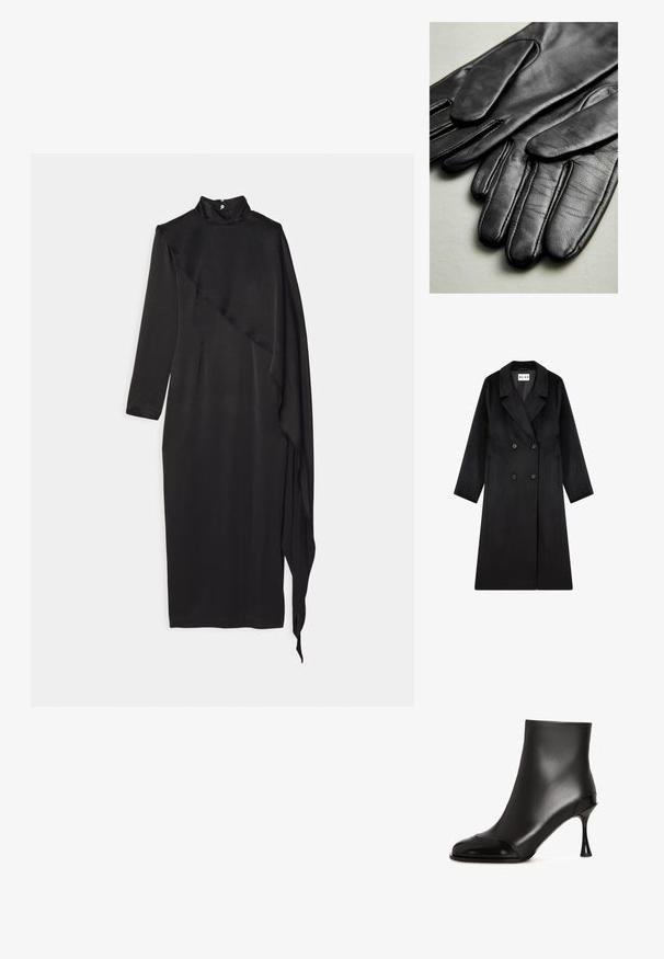 NA-KD Abrigo clásico - black; Materiel SCARF DRESS - Vestido de fiesta - black; Botines negros de cuero suave con punta brillante, presentan un tacón afilado y un diseño elegante y ajustado.; Guantes de cuero negro con textura suave, con costuras a lo largo de los dedos y un diseño ajustado. Material suave y flexible para mayor comodidad.