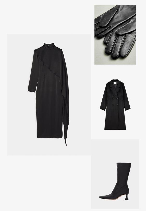 NA-KD Klassisk frakke - black; Materiel SCARF DRESS - Gallakjole - black; Sort læderstøvle, der går til midt på læggen, med spids tå og buet lav hæl, mod en ensartet lys baggrund.; Sorte læderhandsker med glat tekstur, der har syninger langs fingrene og en tætsiddende design. Blødt, smidigt materiale for komfort.
