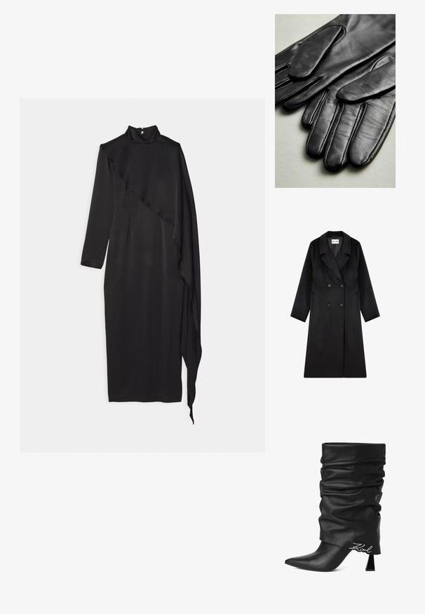 NA-KD Mantel - black; Materiel SCARF DRESS - Galajurk - black; Zwarte slappe leren laars met hoge hak, puntige neus en zilveren "Karl" logo nabij de hiel op een witte achtergrond.; Zwarte leren handschoenen met een gladde textuur, voorzien van naden langs de vingers en een getailleerd ontwerp. Zacht, soepel materiaal voor comfort.