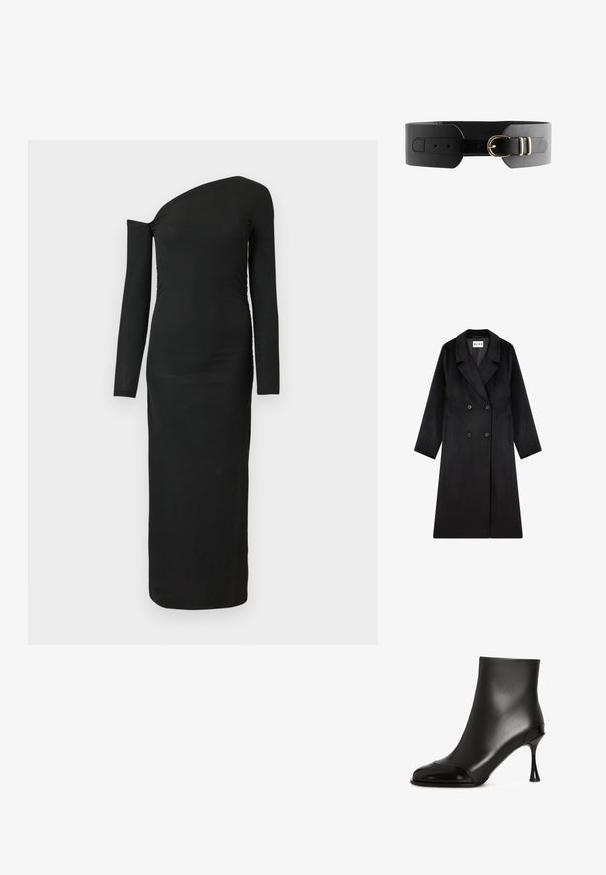 NA-KD Mantel - black; Zwarte, nauwsluitende, lange mouw jurk met een asymmetrische halslijn en geplooide zijdetail, gemaakt van ribbelstof.; Zwarte enkelboots van soepel leer met een glanzende neus, met een taps toelopende hak en een strak, figuurvormend ontwerp.; Zwarte leren riem met een brede band, voorzien van een goudkleurige dubbele gesp en meerdere gaten voor verstelbare maat. Soepele textuur en strak ontwerp.