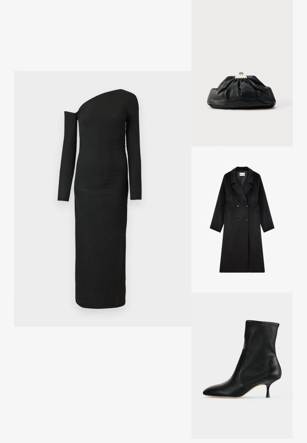 NA-KD Klassisk frakke - black; Sort, tætsiddende, langærmet kjole med asymmetrisk udskæring og samlede sideløse detaljer, lavet af ribbet stof.; Sort læderankelstøvle med spids tå og slank mellemhøj hæl, vist i profil på en lys baggrund.; Sort læderclutch med en samlet tekstur, metal lukning og diskret præget logo på forsiden. Rundet form.