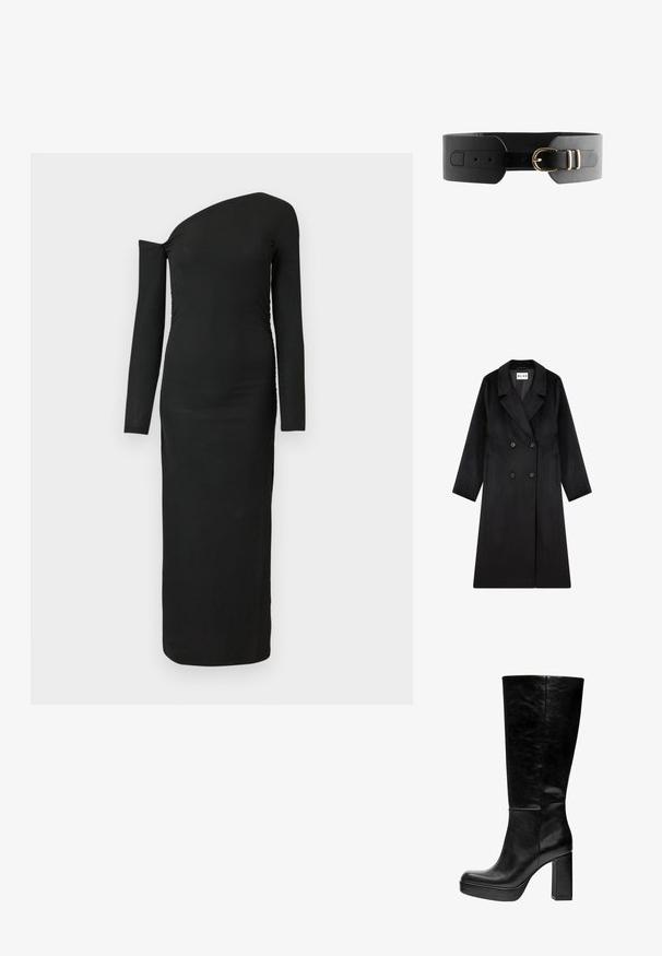 NA-KD Klassisk frakke - black; Sort, tætsiddende, langærmet kjole med asymmetrisk udskæring og samlede sideløse detaljer, lavet af ribbet stof.; Sorte knæhøje støvler med en glat læderoverflade, firkantet tå, tyk platform og en chunky blokhæl. Minimalistisk design uden udsmykninger.; Sort læderbælte med et bredt bånd, der har en dobbeltnåle i guldfarve og flere huller til justerbar størrelse. Glat tekstur og rent design.