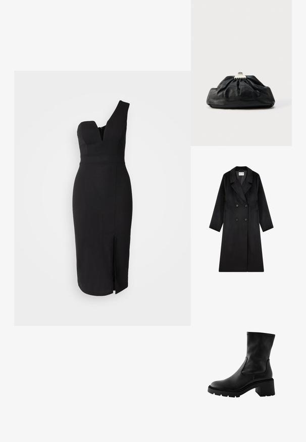 NA-KD Klassisk frakke - black; Sort tætsiddende kjole med en enkel skulderdesign, v-udskæring og en sideslids. Fremstillet af et glat stof med en flot finish.; Sort ankelstøvle lavet af glat læder med en kraftig blokhælhæl, elastiske sideskaller og en tekstureret gummisål.; Sort læderclutch med en samlet tekstur, metal lukning og diskret præget logo på forsiden. Rundet form.