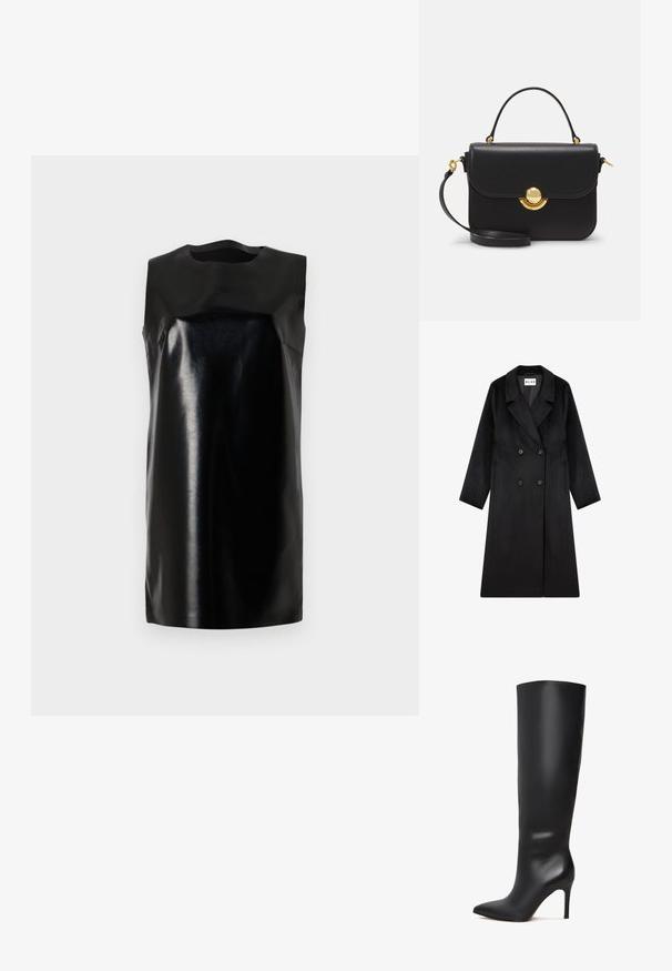 NA-KD Mantel - black; Zwarte mouwloze jurk van glanzend materiaal, met een ronde halslijn, strakke lijnen en een rechte silhoët. Soepele textuur, zonder zichtbare hardware.; Zwarte leren knie-hoge stiletto laars met een spitse neus en een slanke, gladde oppervlakte. Beschikt over een hoge, slanke hak voor een verlengde silhoeet.; Zwarte leren handtas met een gestructureerd ontwerp, gouden ronde hardware, bovenhandgreep en afneembare schouderriem. Gladde textuur.