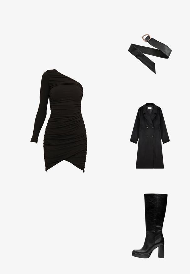 NA-KD Mantel - black; Zwarte een-schouder jurk van rekbaar materiaal, met gerimpelde details en een asymmetrische zoom voor een getailleerd silhouet.; Zwarte kniehoge laarzen met een gladde leren textuur, vierkante neus, dikke plateauzool en robuuste blokhak. Minimalistisch ontwerp zonder versieringen.; Zwarte leren riem met een grote afgeronde rechthoekige koperen gesp en puntige uiteinden, plat uitgestald op een witte achtergrond.