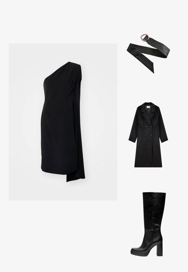 NA-KD Klassisk frakke - black; Sort asymmetrisk kjole med én skulder, lavet af glat stof, med en draperet design og en sideslids for ekstra detaljer.; Sorte knæhøje støvler med en glat læderoverflade, firkantet tå, tyk platform og en chunky blokhæl. Minimalistisk design uden udsmykninger.; Sort læderbælte med en stor afrundet rektangulær bronzespænde og spidse ender, lagt fladt ud på en hvid baggrund.