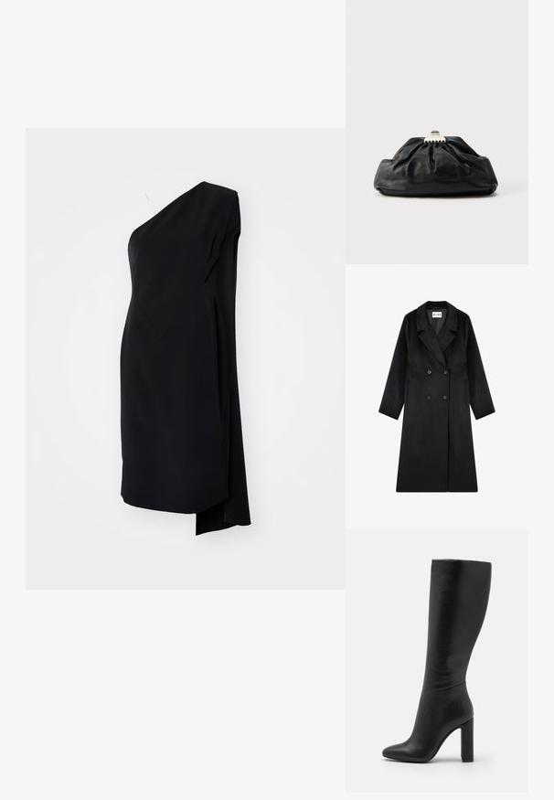 NA-KD Mantel - black; Zwarte asymmetrische jurk met één schouder, gemaakt van een gladde stof, met een gedrapeerd ontwerp en een zijsplit voor extra detail.; Zwarte leren kniehoogte laars met een pointed toe en hoge blokhak. Glad textuur met minimalistisch ontwerp en geen zichtbare hardware.; Zwarte leren clutch met een geplooide textuur, metalen sluiting en een subtiel geperst logo aan de voorkant. Afgeronde vorm.