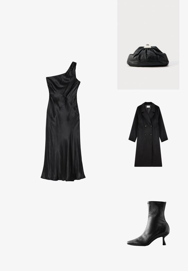 NA-KD Klassisk frakke - black; Sort satinkjole med ét skulderstrop, tætsiddende overdel og udvidet nederdel, med diagonale sømme og en glat tekstur over det hele.; Sort læder ankelstøvle med spids tå, tætsiddende design og en lav, udskilt hæl, med glat tekstur og minimale syninger.; Sort læderclutch med en samlet tekstur, metal lukning og diskret præget logo på forsiden. Rundet form.